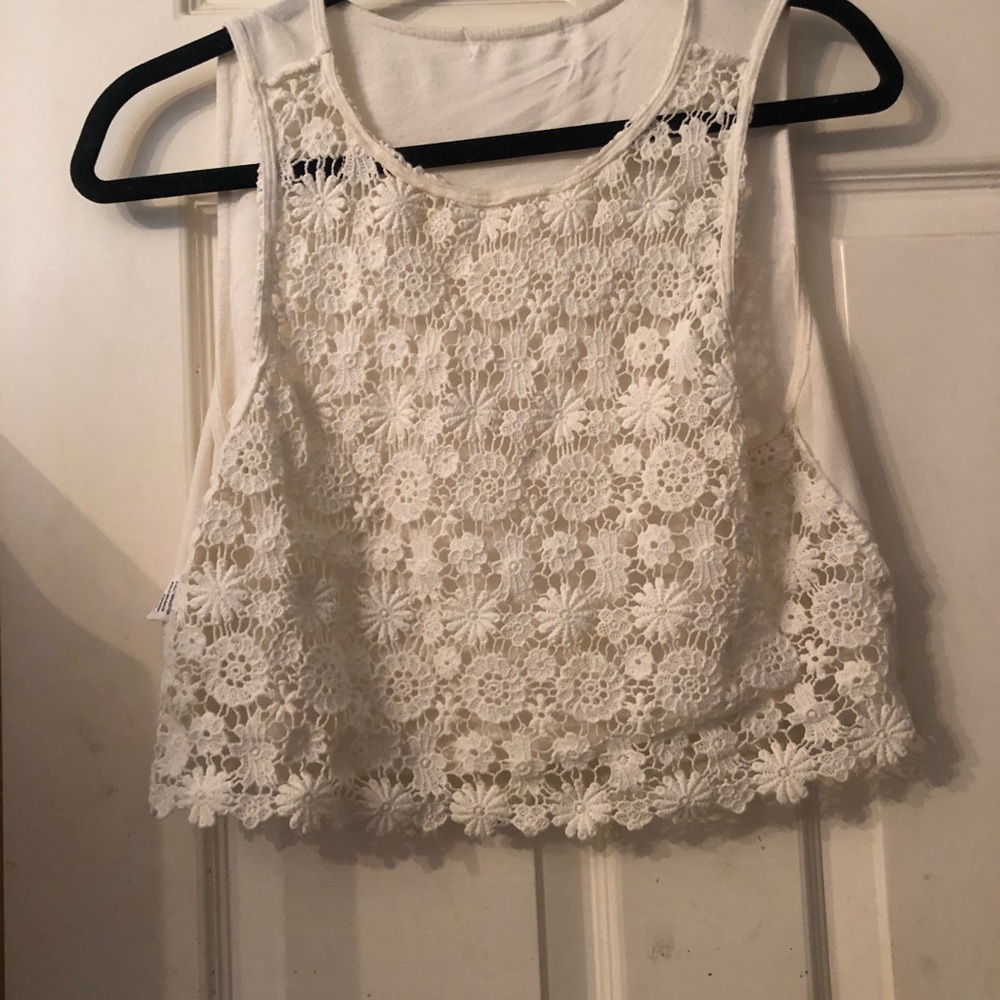 white crop with sheer flower on the front